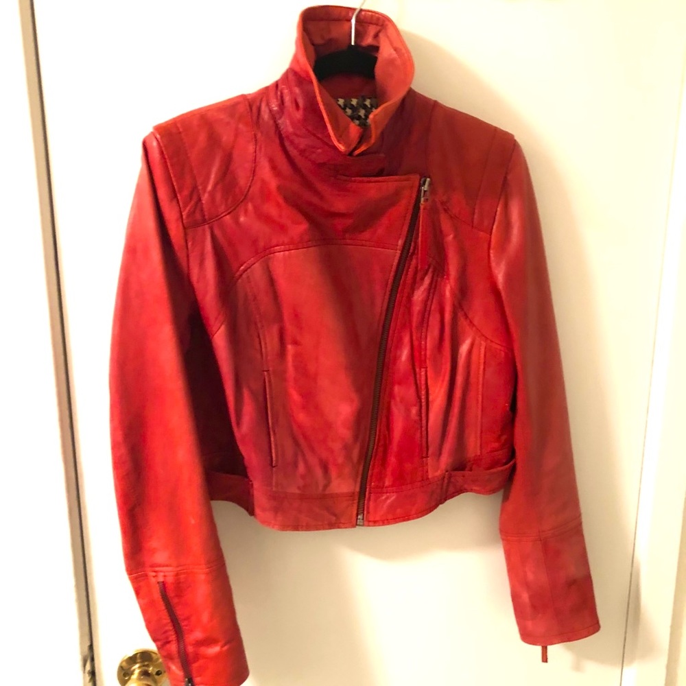 Black Velvet Red leather bomber/moto jacket sz L